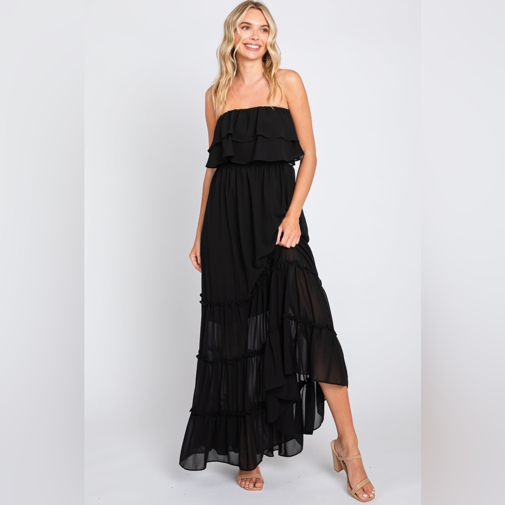 NWT Andree by Unit Strapless Ruffle Tiered Chiffon Maxi In Black - Small